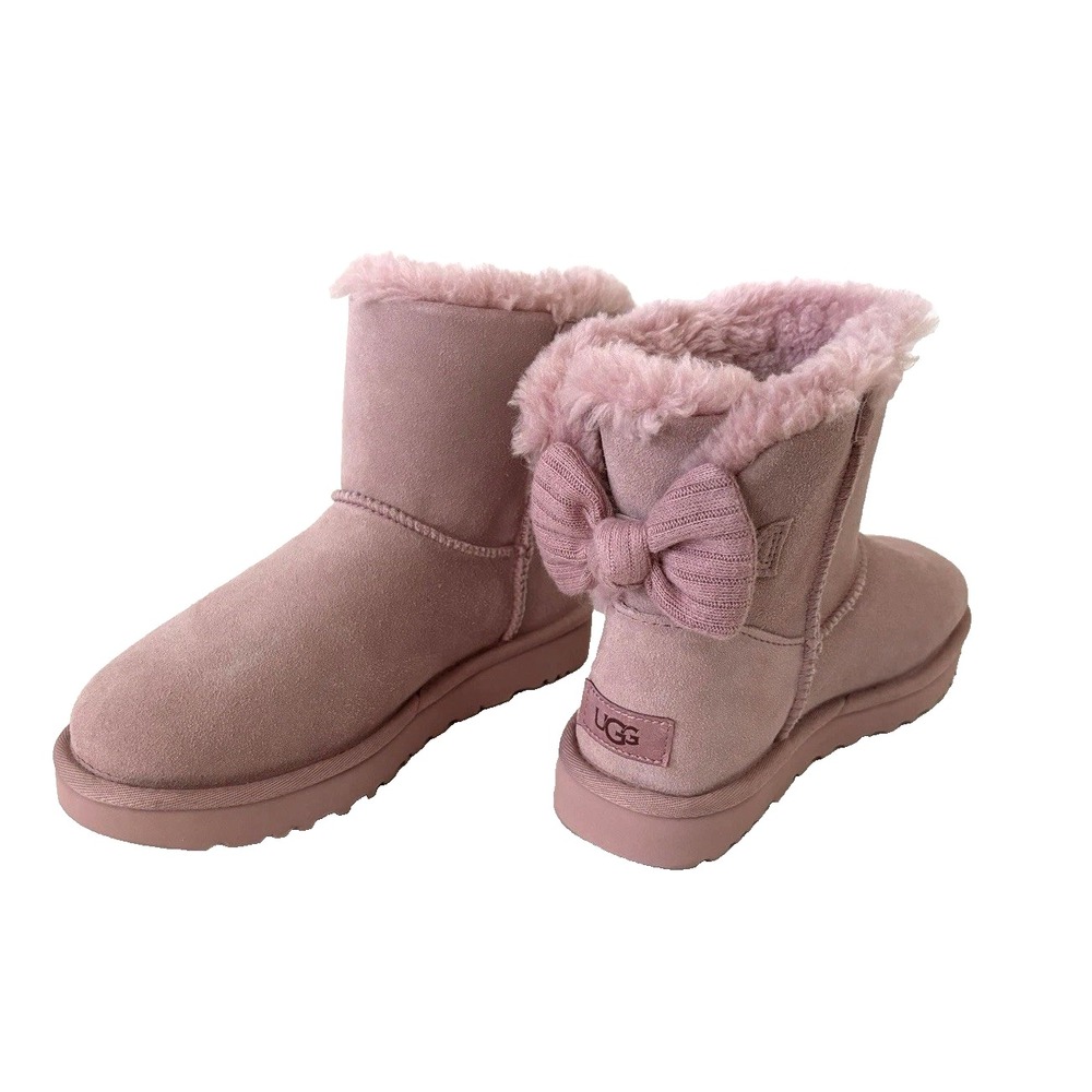NEW UGG Mini Bailey Ribbed Bow Boots Women's 6 Lavender Shadow Pink 1157990